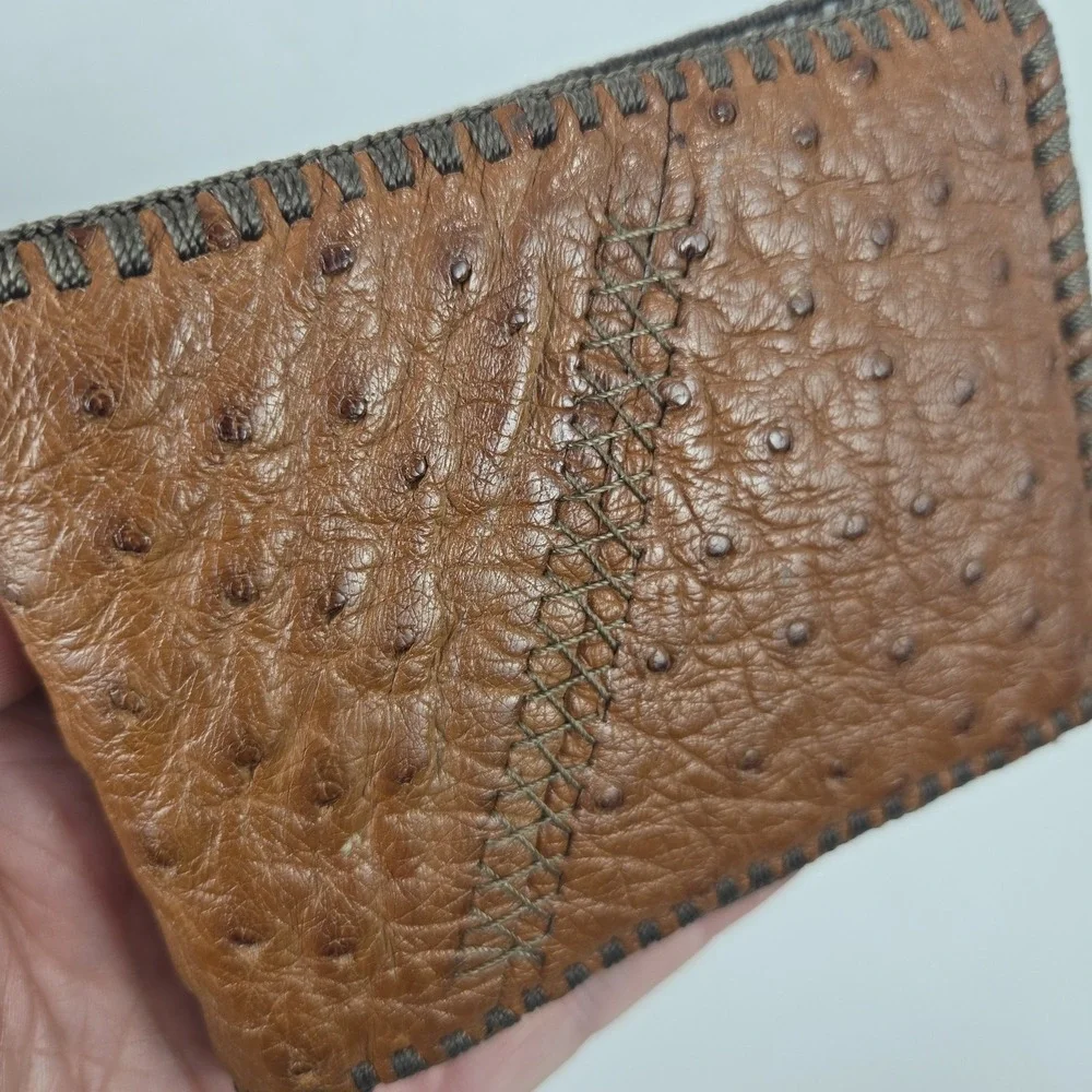 Genuine Full Quill Ostrich Wallet Cognac Brown Leather Bifold Western Mexico NEW